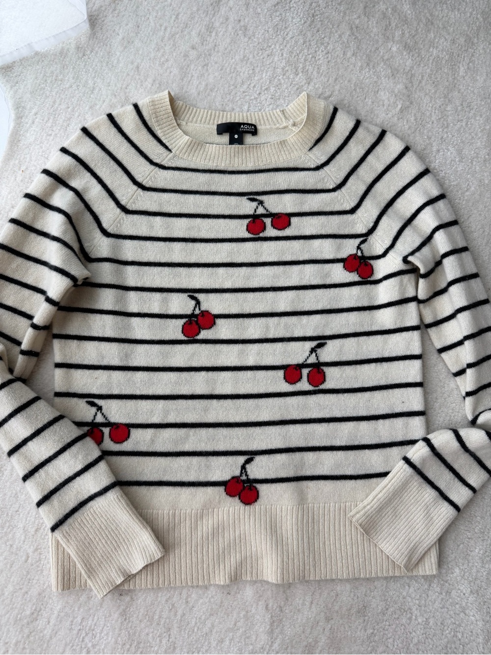 Aqua Cashmere Cream Striped Cherry Crewneck Sweater
